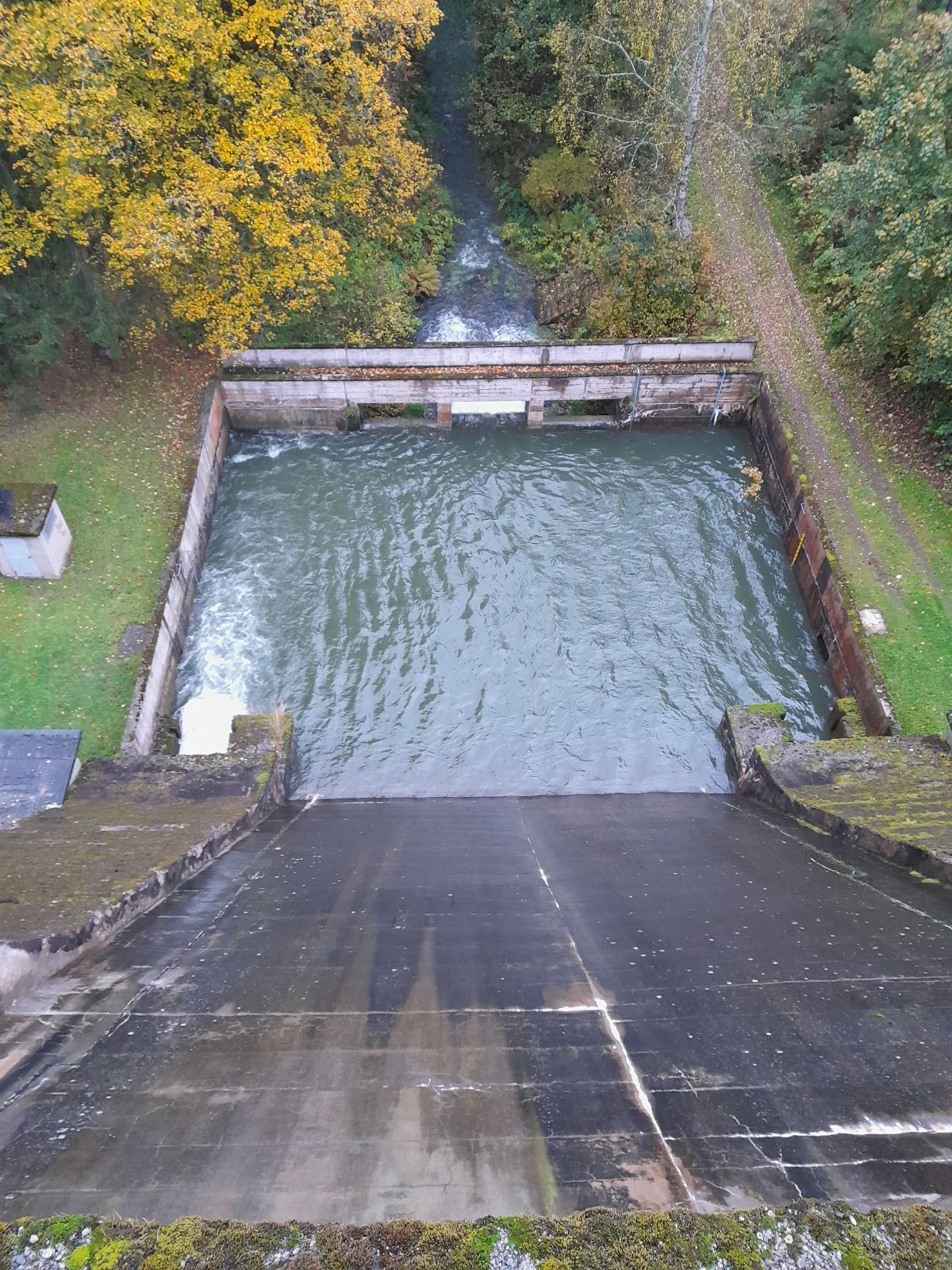 Blick auf das Tosbecken der Talsperre Lütsche mit erhöhter Abgabe in Höhe von 680 l/s.