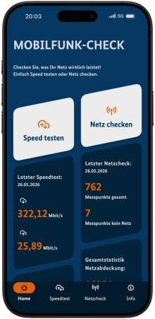 Mock Up eines Smartphones mit Funktionsübersicht der App "Mobilfunk-Check"
