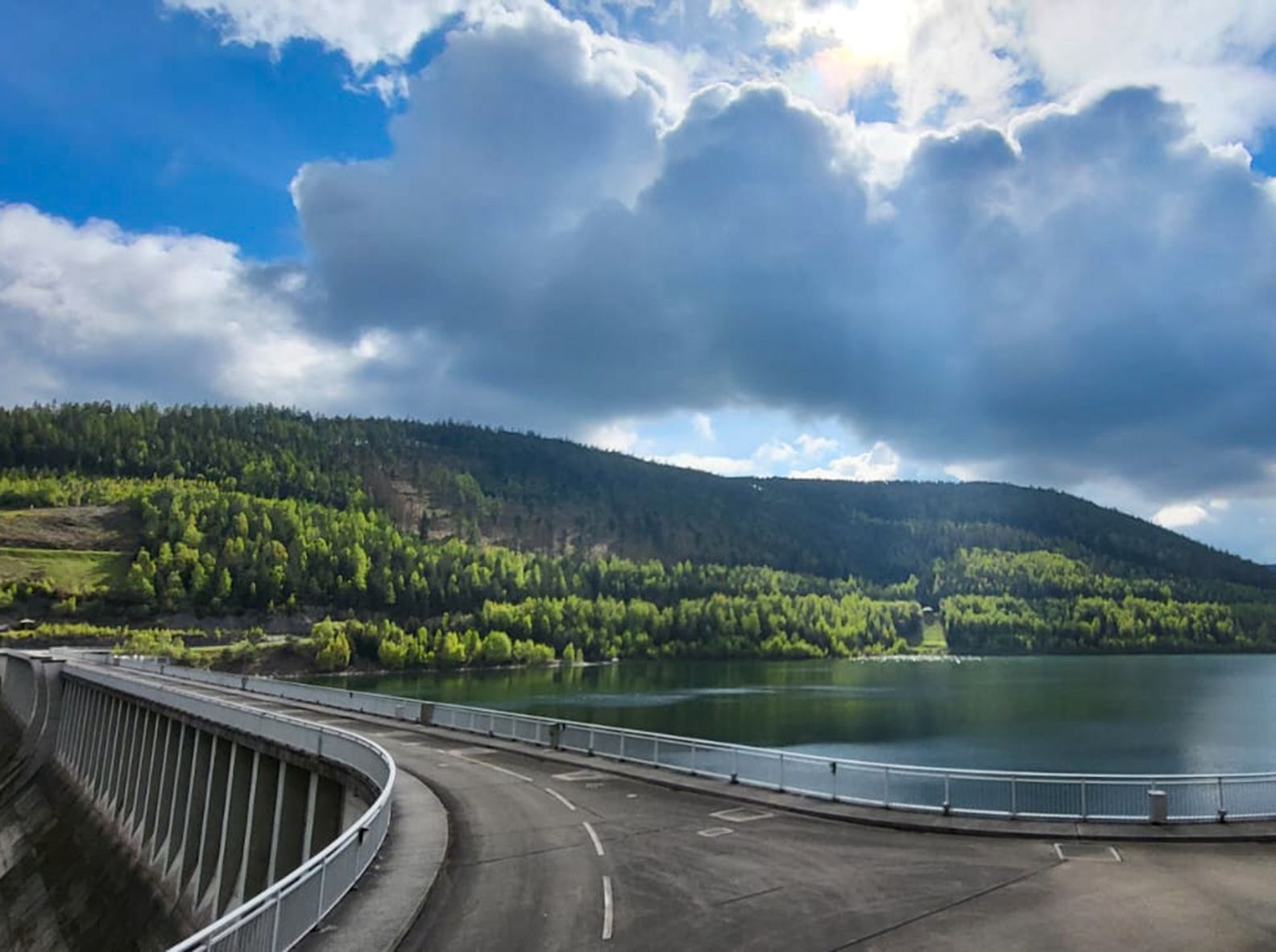 Blick auf den Stausee der Talsperre Leibis Lichte an einem bewölten Frühlingstag, im Hintergrund ein bewaldeter Berghang