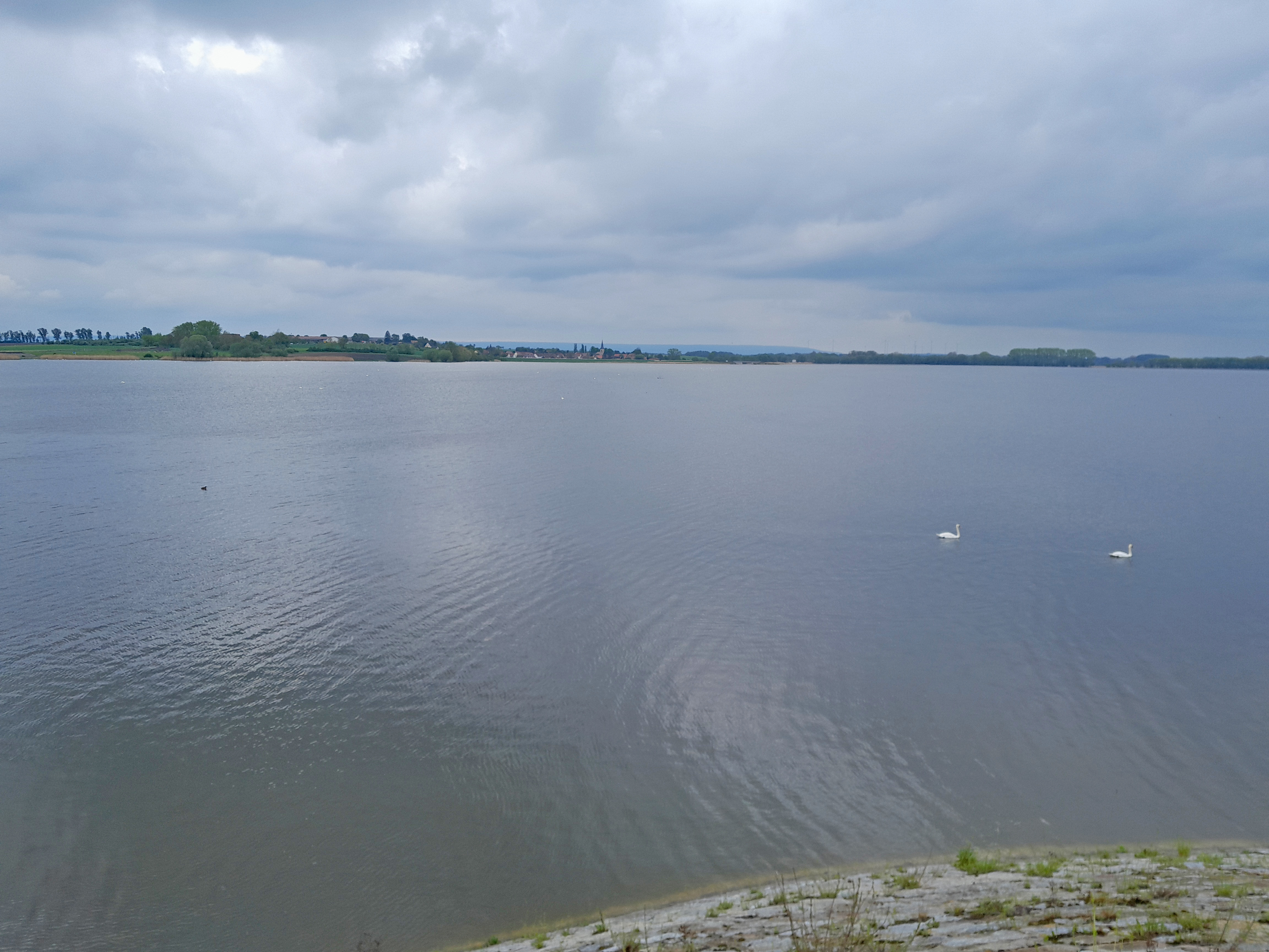 Mit Wasser gefüllte Stauanlage. Am Horizont ist ein schmaler begrünter Uferstreifen und ein bedeckter Himmel.